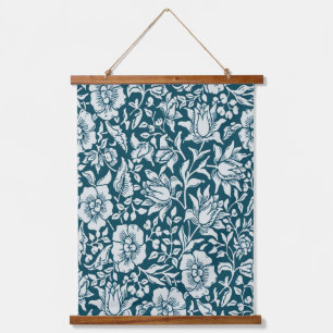 Morris Vintages Blau- und Weißblumenmuster Wandteppich Mit Holzrahmen