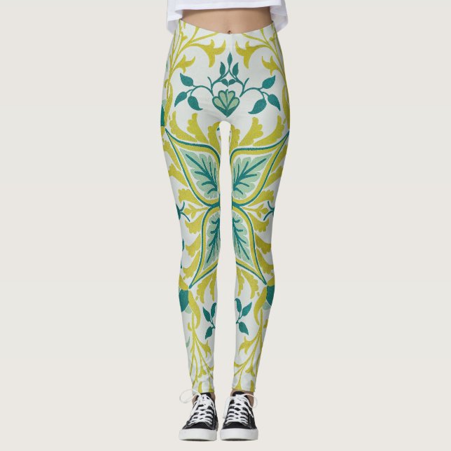 Morris Yellow Turquoise Vine & Blume Muster Leggings (Vorderseite)