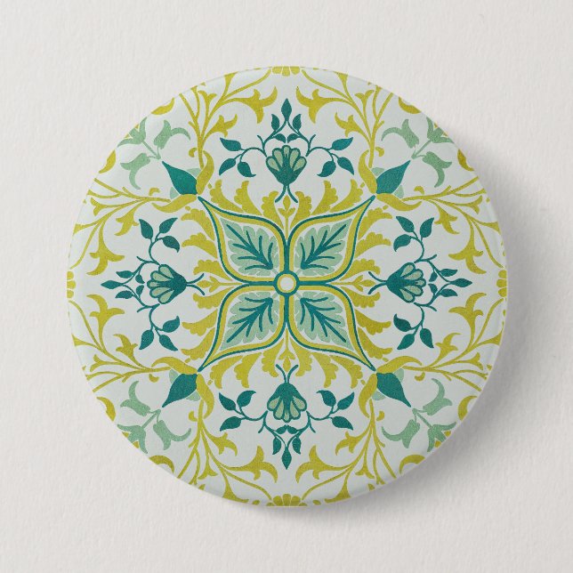 Morris Yellow Turquoise Vine & Flower Pattern Button (Vorderseite)