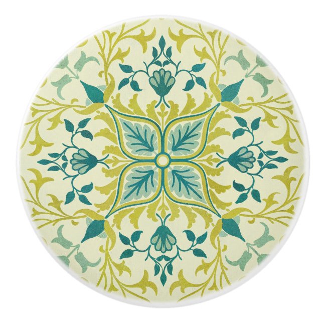Morris Yellow Turquoise Vine & Flower Pattern Keramikknauf (Vorderseite)