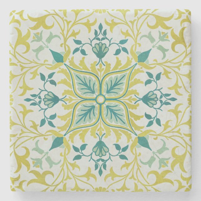 Morris Yellow Turquoise Vine & Flower Pattern Steinuntersetzer (Vorderseite)