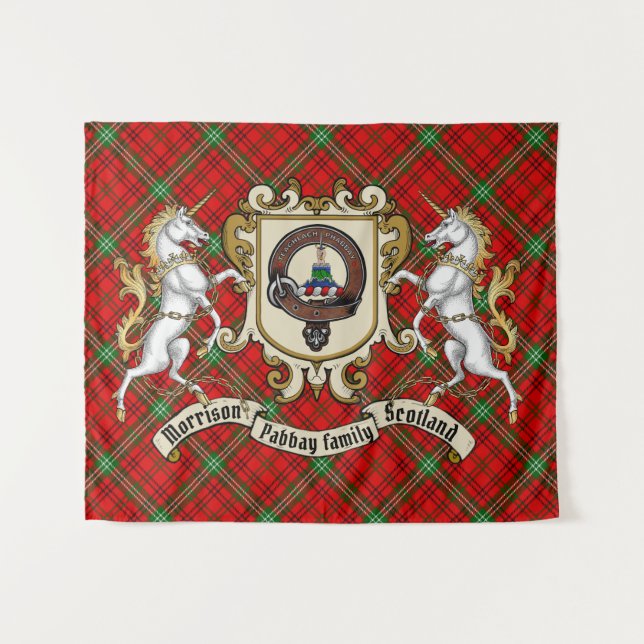 Morrison Clan Abzeichen & Unicorns w/Tartan Wandteppich (Vorderseite (Horizontal))