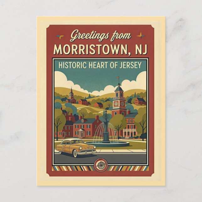 Morristown NJ Retro Travel 1950s Style Postkarte (Vorderseite)