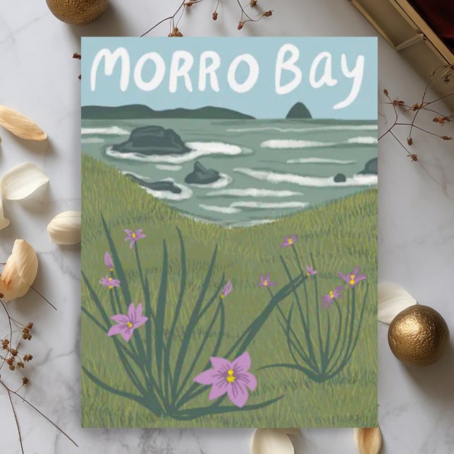 Morro Bay Central California Illustration Beach P Postkarte (Morro Bay wildflowers ocean travel postcard illustration custom.)
