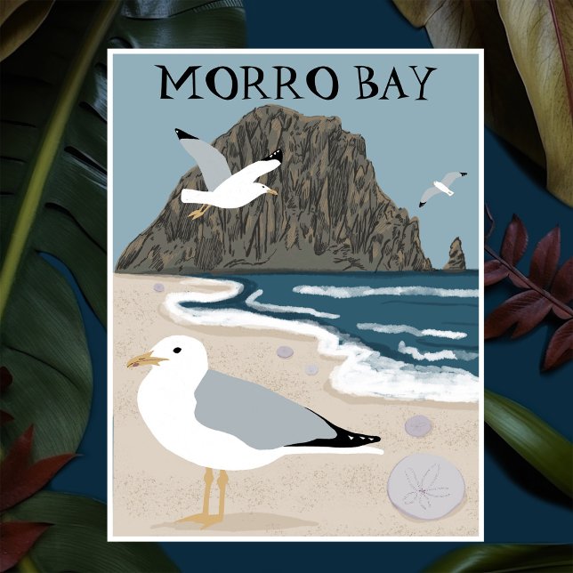 Morro Rock Bay Central California Beach Seaguls Postkarte (Morro Rock Bay Central California Beach Seagulls Illustration custom Postcard
)