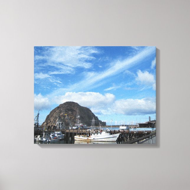 Morro Rock, Fischerboote und Embarcadero Leinwanddruck (Vorderseite)