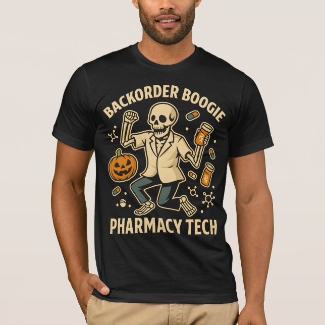 Mortar & Pestle Monster Pharmacy Tech Skeleton Hal T-Shirt (Vorderseite)