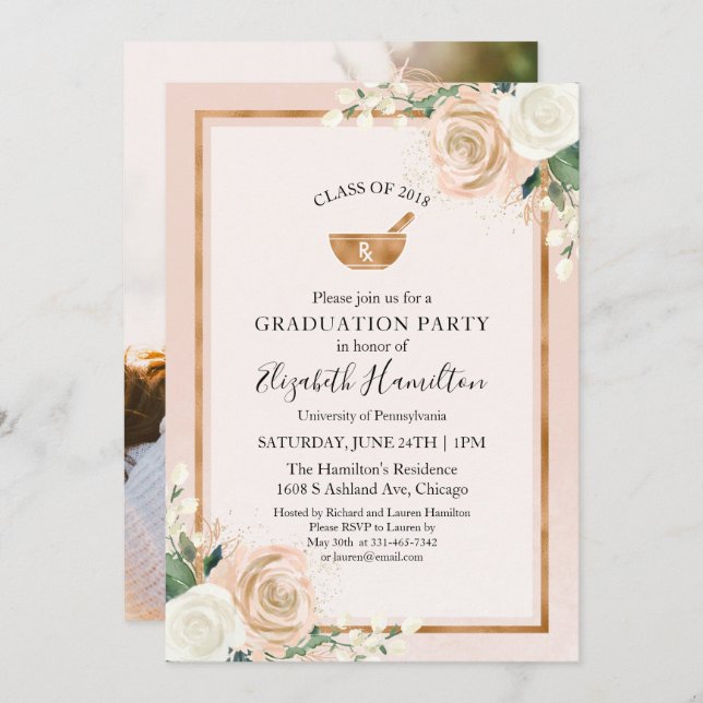 Mortar und Pestle Rx Pharmacy School Grad Foto Einladung (Vorne/Hinten)