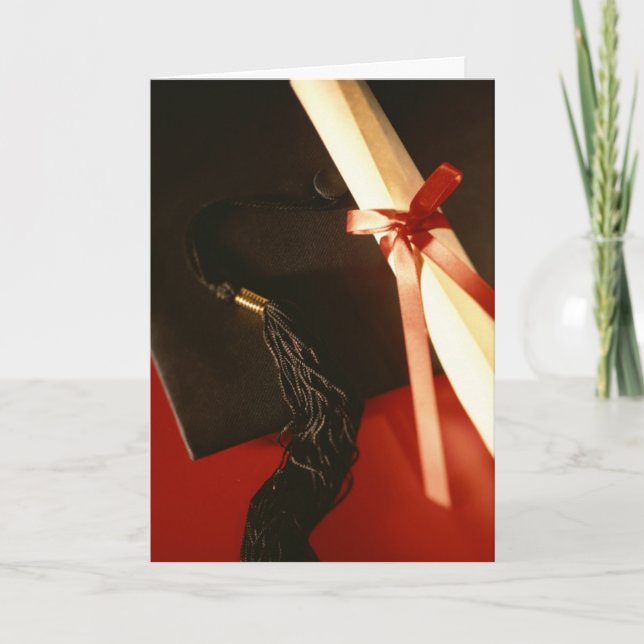 Mortarboard, Diplom, Red Ribbon Abschluss Card Karte (Vorderseite)