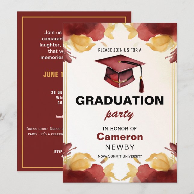 🎓 Mortarboard Watercolor Graduation Party Einladung (Vorne/Hinten)