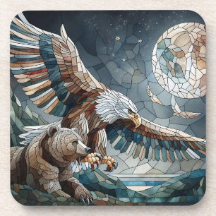 Mosaic Ai Art   Brauner Bär und Adler Vollmond Getränkeuntersetzer