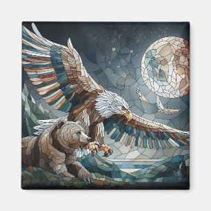 Mosaic Ai Art   Brauner Bär und Adler Vollmond Magnet