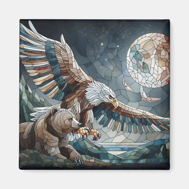 Mosaic Ai Art | Brauner Bär und Adler Vollmond Magnet (Vorne)