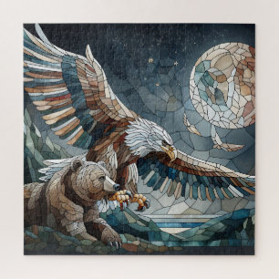Mosaic Ai Art   Brauner Bär und Adler Vollmond Puzzle