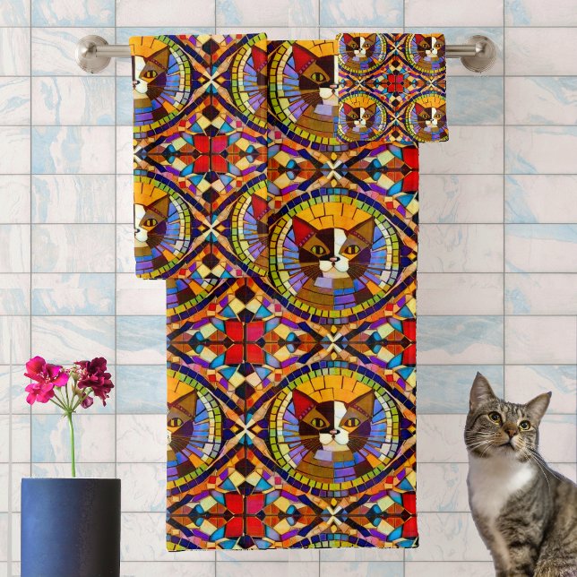 Mosaic Calico Katze in farbigen Fliesen aus Glas Badhandtuch Set (Von Creator hochgeladen)
