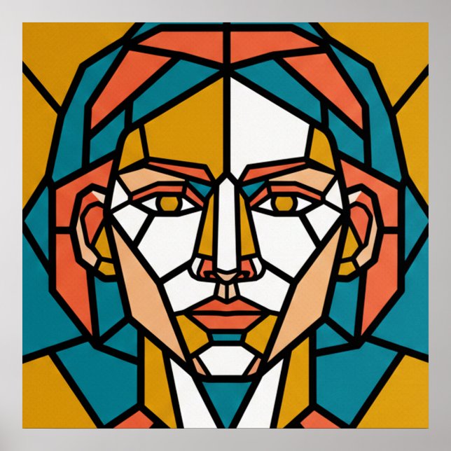 Mosaic Geometric Portrait in Amber and Teal Poster (Vorne)