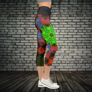 Mosaic Kaleidoscope Blume Grün Blau und Rot Legg Capri Leggings