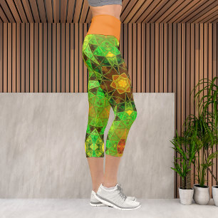 Mosaic Kaleidoscope Blume Grün und Orange Leggin Capri Leggings