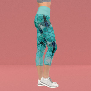 Mosaic Mandala Blume Blau und Weiß Capri Leggings