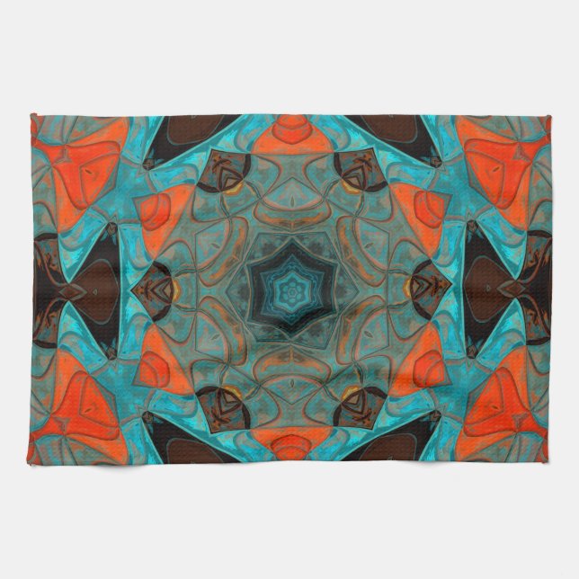 Mosaic Mandala Blume Blue und Orange Geschirrtuch (Horizontal)