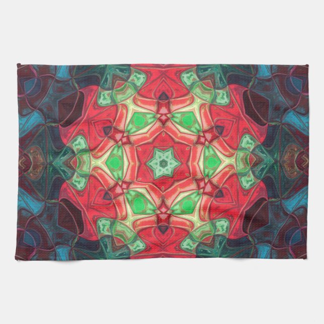 Mosaic Mandala Blume Rot Aquamarin und Blau Geschirrtuch (Horizontal)