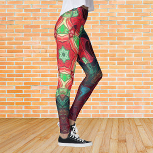 Mosaic Mandala Blume Rot Aquamarin und Blau Leggings