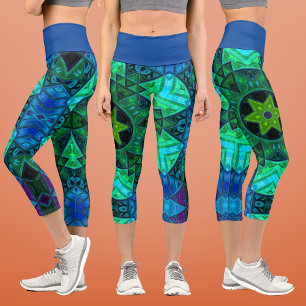Mosaic Mandala Green und Blue Capri Leggings