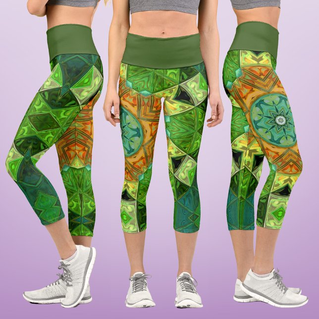Mosaic Mandala Orange und Green Capri Leggings (Von Creator hochgeladen)