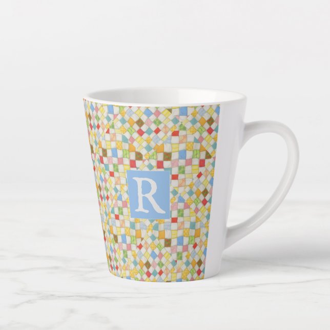 MOSAIC QUILT Latte Tasse + Text / Blau (Rechts)