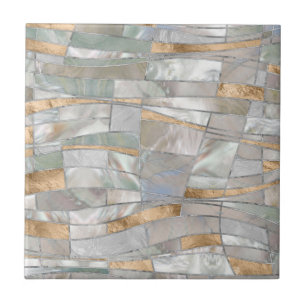 Mosaic Waves Art - Pearl and Pastel Gold Fliese
