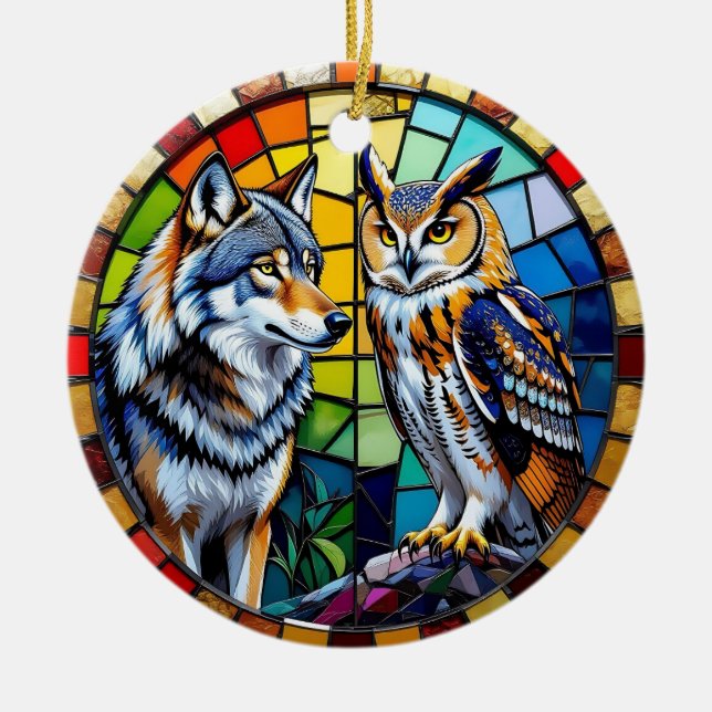 Mosaic Wolf and Owl  Art Personalized Christmas Keramik Ornament (Vorne)