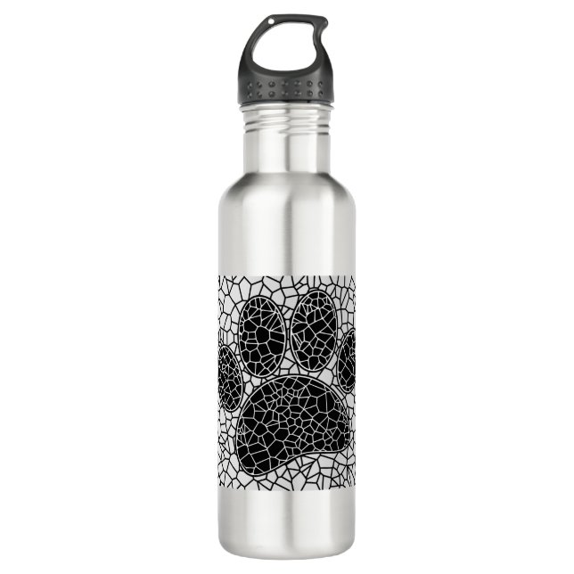 Mosaik Art Dog Paw Print in Schwarz-Weiß Edelstahlflasche (Vorderseite)