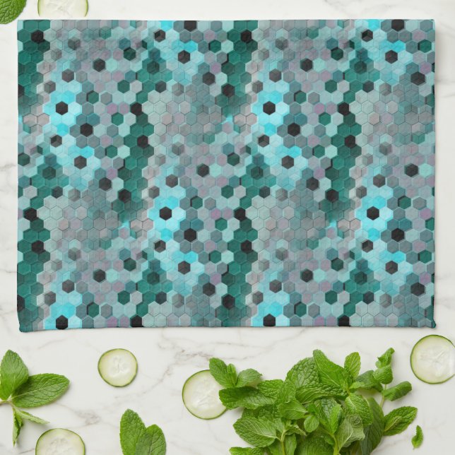 Mosaik aus Hexagonen oder Würfeln in Farbtönen cya Geschirrtuch (Gefaltet)