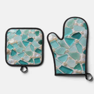 Mosaik aus Meeresscheiben in Türkis, Charme der Kü Ofenhandschuh & Topflappen-Set