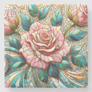 Mosaik aus rosa Rosen in Buntglasoptik Steinuntersetzer