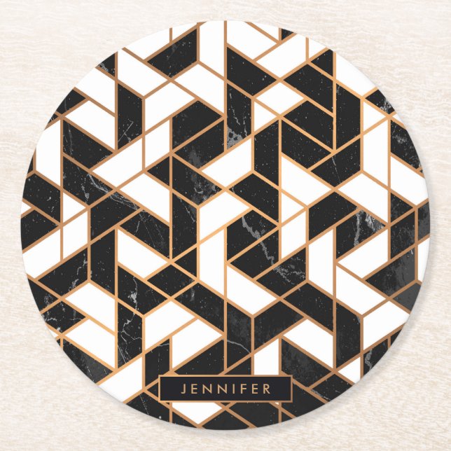 Mosaik aus schwarzem und weißem Marmor Runder Pappuntersetzer (Vorderseite)