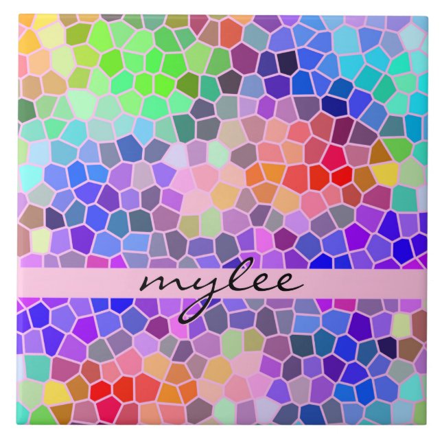Mosaik-buntes Regenbogen-Rosa-Monogramm abstrakt Fliese (Vorderseite)