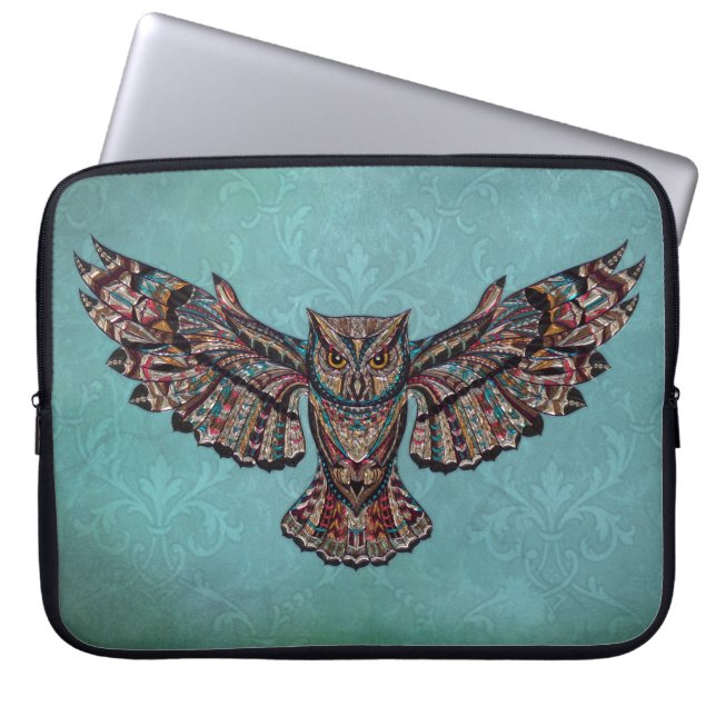 Mosaik farbenfroh Owl mit türkisfarbenem Hintergru Laptopschutzhülle (Vorderseite)