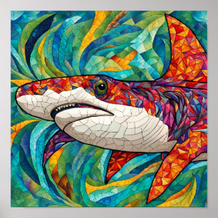 Mosaik-farbiger Hai im Korallenriff - Illustration Poster
