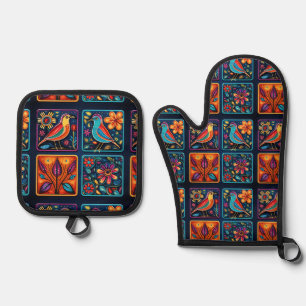 Mosaik Floral Bird mix Ofenhandschuh & Topflappen-Set