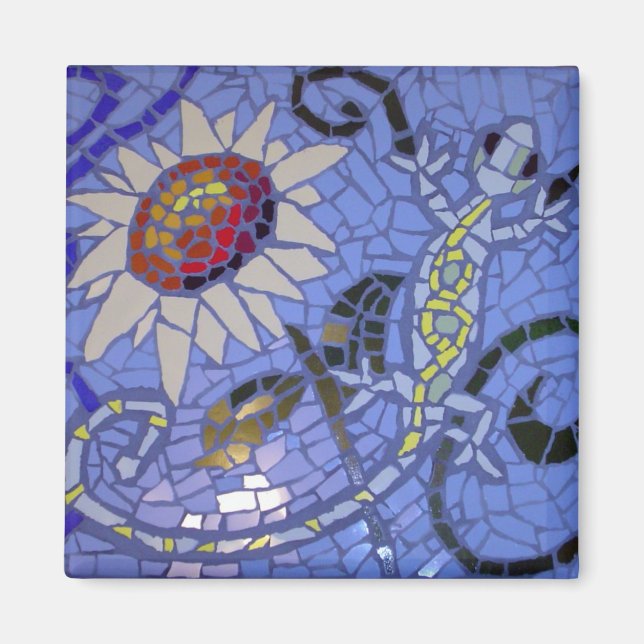 Mosaik Gecko und Sonnenblumen auf blau Magnet (Vorne)