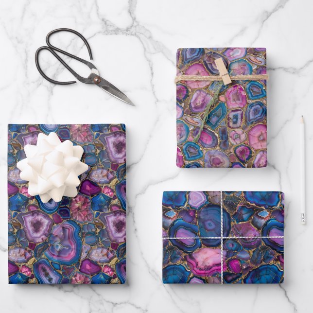 Mosaik Gemstone Muster mit rosa, Lila, blau Geschenkpapier Set (Vorderseite)