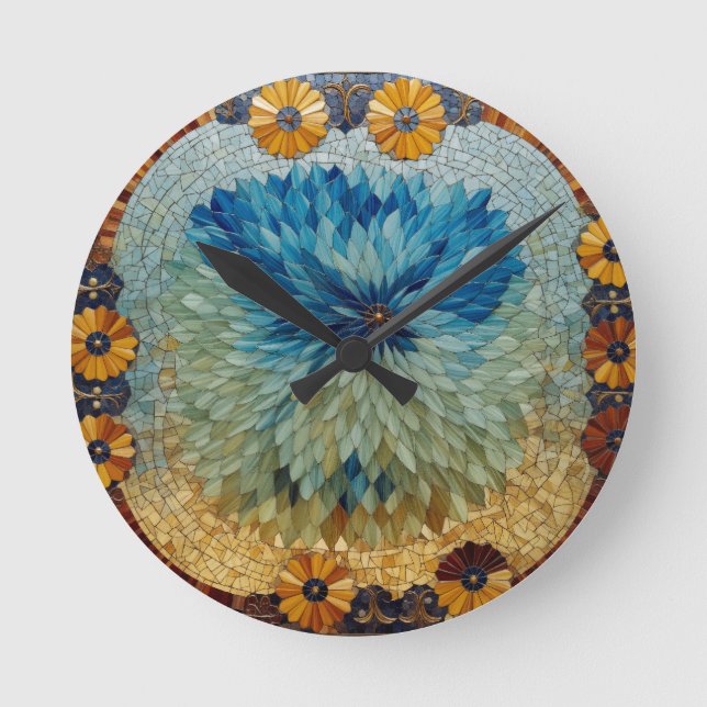 Mosaik Grün Blau Blumen Uhr  (Vorderseite)