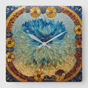 Mosaik-Grün-Blau-Blumen-Wanduhr Quadratische Wanduhr