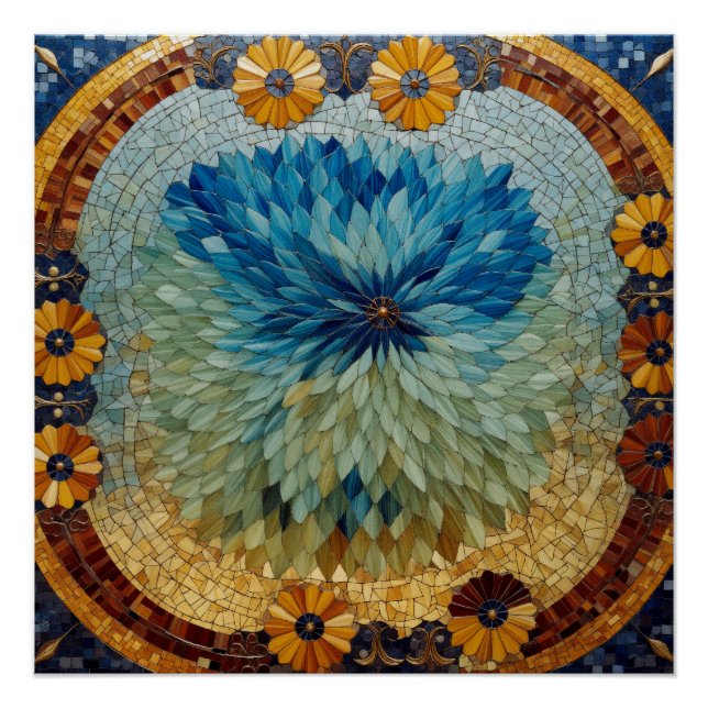 Mosaik Grün Blau Floral  Poster (Vorderseite)