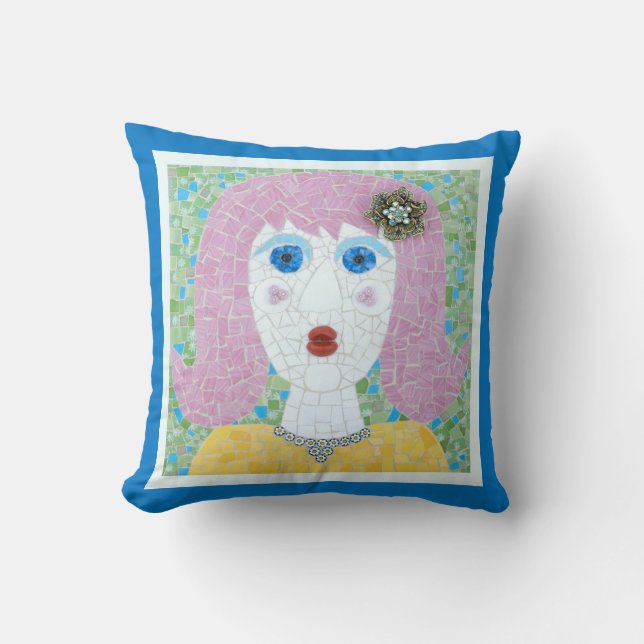 Mosaik - Ingrid mit Blue & Ivory Border Kissen (Vorderseite)