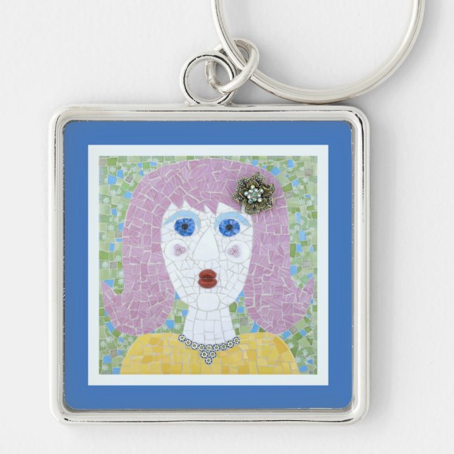 Mosaik - Ingrid mit Blue & Ivory Border Schlüsselanhänger (Vorne)