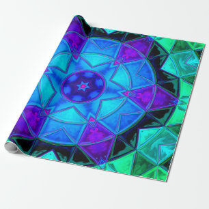 Mosaik Kaleidoscope Blume Blau Lila und Aquamarin Geschenkpapier