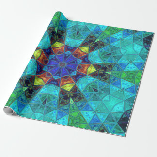 Mosaik Kaleidoskop Blume Blau Grün und Orange Geschenkpapier