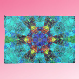Mosaik Kaleidoskop Blume Blau Grün und Orange Geschirrtuch